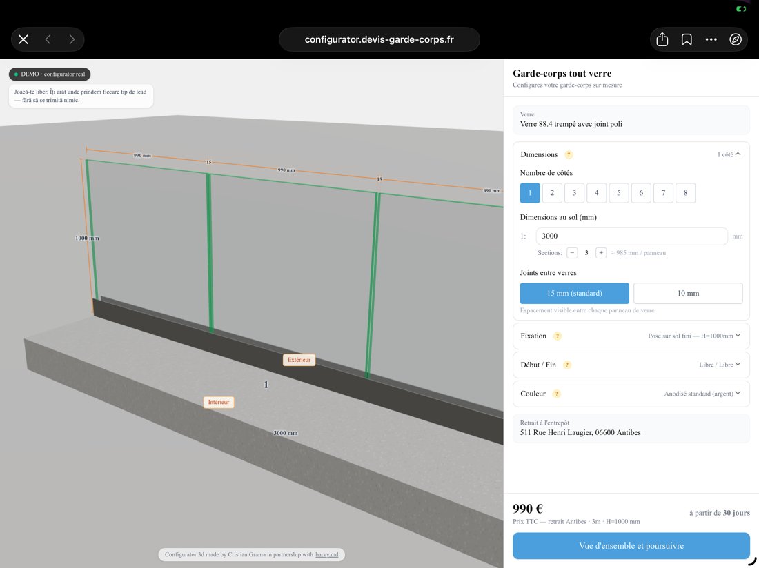 Configurator balustrade din sticlă — garde-corps