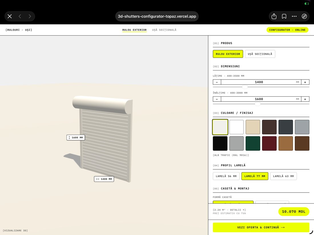 Configurator rulouri exterioare și uși secționale